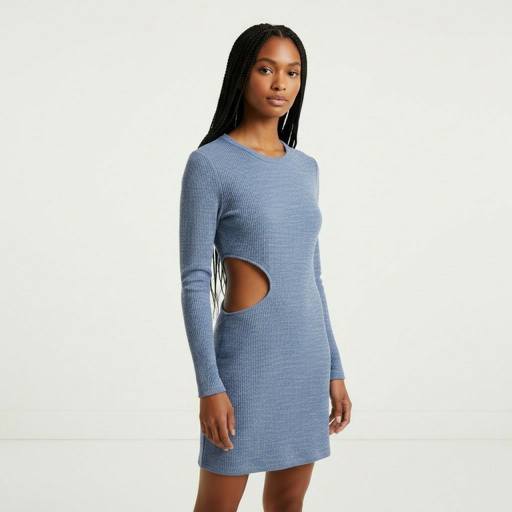 Reformation Tracey Knit Dress Ribbed Cutout Long Sleeve Mini Bodycon Blue Small